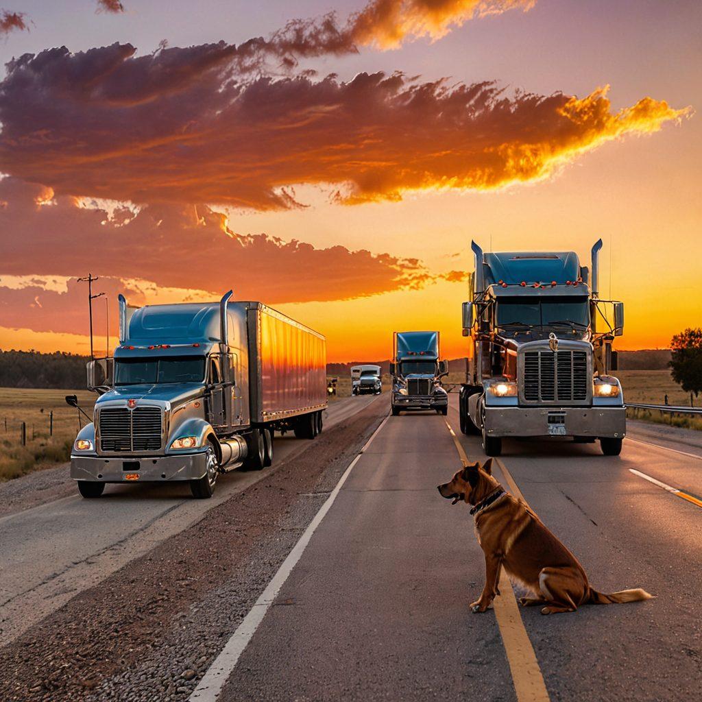 A scenic highway with an endless stretch of road, featuring a diverse group of truckers sharing stories around their trucks under a sunset sky. Add elements of truck stop culture like diner signage and road maps, along with a friendly dog roaming nearby. Emphasize camaraderie and adventure. vibrant colors. cinematic style. high detail.