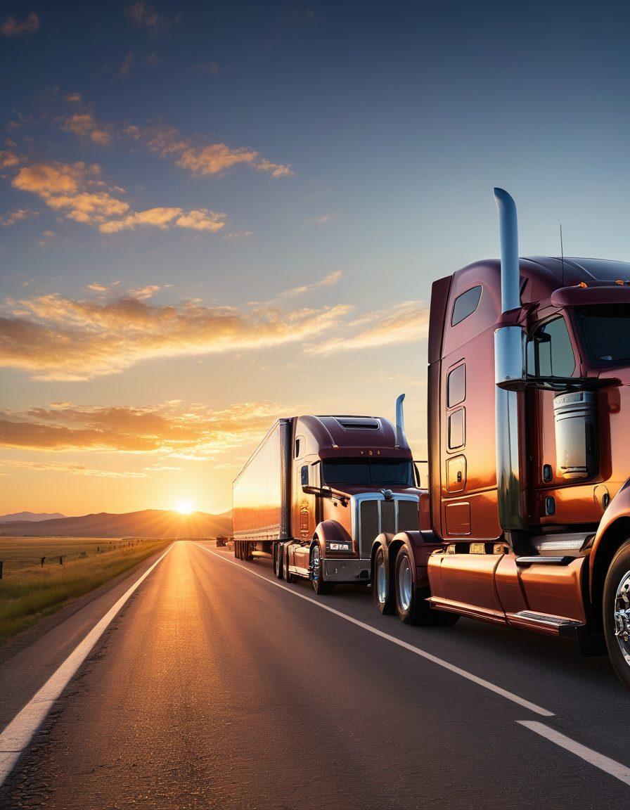 A bold trucker standing confidently next to a powerful, rugged semi-truck on an open highway, with a sunrise reflecting off the chrome. Include modern technology elements like GPS and digital maps visible in the truck's cab. The background should depict vast landscapes, symbolizing freedom and adventure. Add a rebellious yet optimistic vibe with a hint of camaraderie among fellow truckers in the distance. vibrant colors. super-realistic.