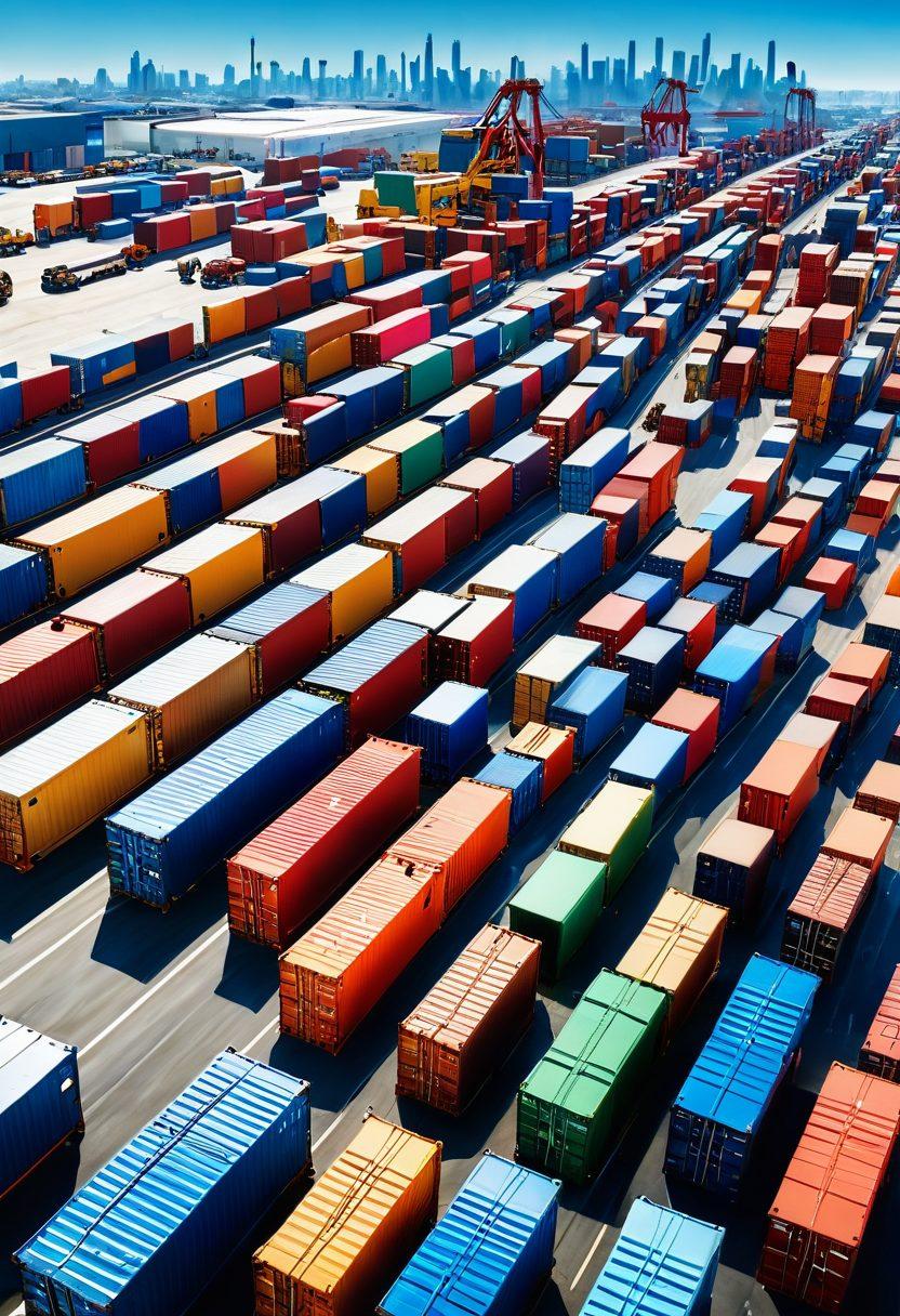 A dynamic scene of a bustling freight shipping yard with trucks and containers, depicting diverse logistics professionals collaborating. Include elements like a clear blue sky, busy roads, and a background of industrial buildings, symbolizing growth and success. Infuse the image with vibrant colors and a sense of motion, capturing the essence of logistics mastery. super-realistic. vibrant colors.